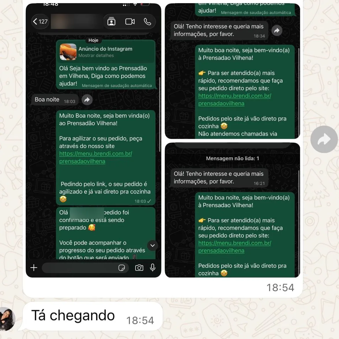 Conversas de WhatsApp abertas pelo anúncio do Instagram, com pedido confirmado, e a dona respondendo: tá chegando